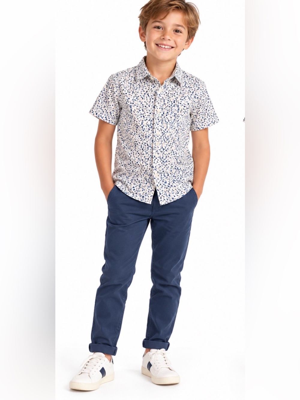 Denim & Flower White Short Sleeve Button-Down with Blue Speckle Print